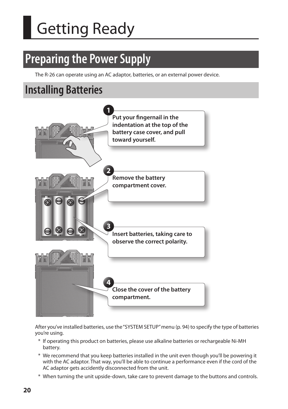 E (p. 20), Getting ready, Preparing the power supply | Installing batteries | Roland Portable Recorded R-26 User Manual | Page 20 / 112