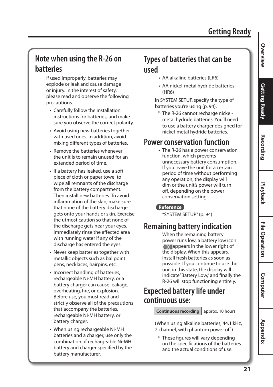 Getting ready, Types of batteries that can be used, Power conservation function | Remaining battery indication, Expected battery life under continuous use | Roland Portable Recorded R-26 User Manual | Page 21 / 112