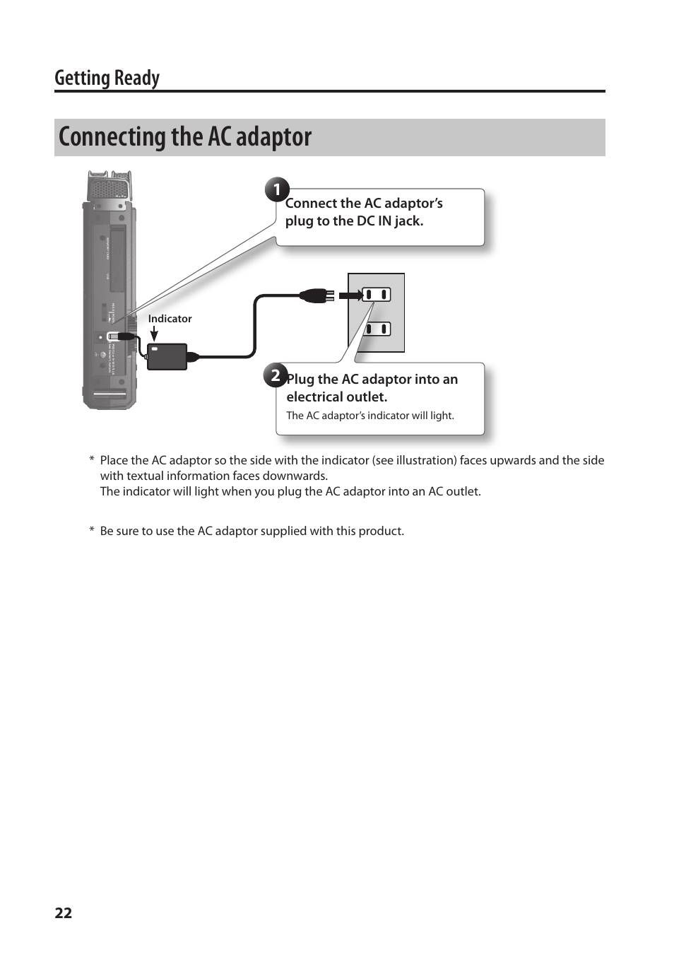 Connecting the ac adaptor” (p. 22), Connecting the ac adaptor, Getting ready | Roland Portable Recorded R-26 User Manual | Page 22 / 112
