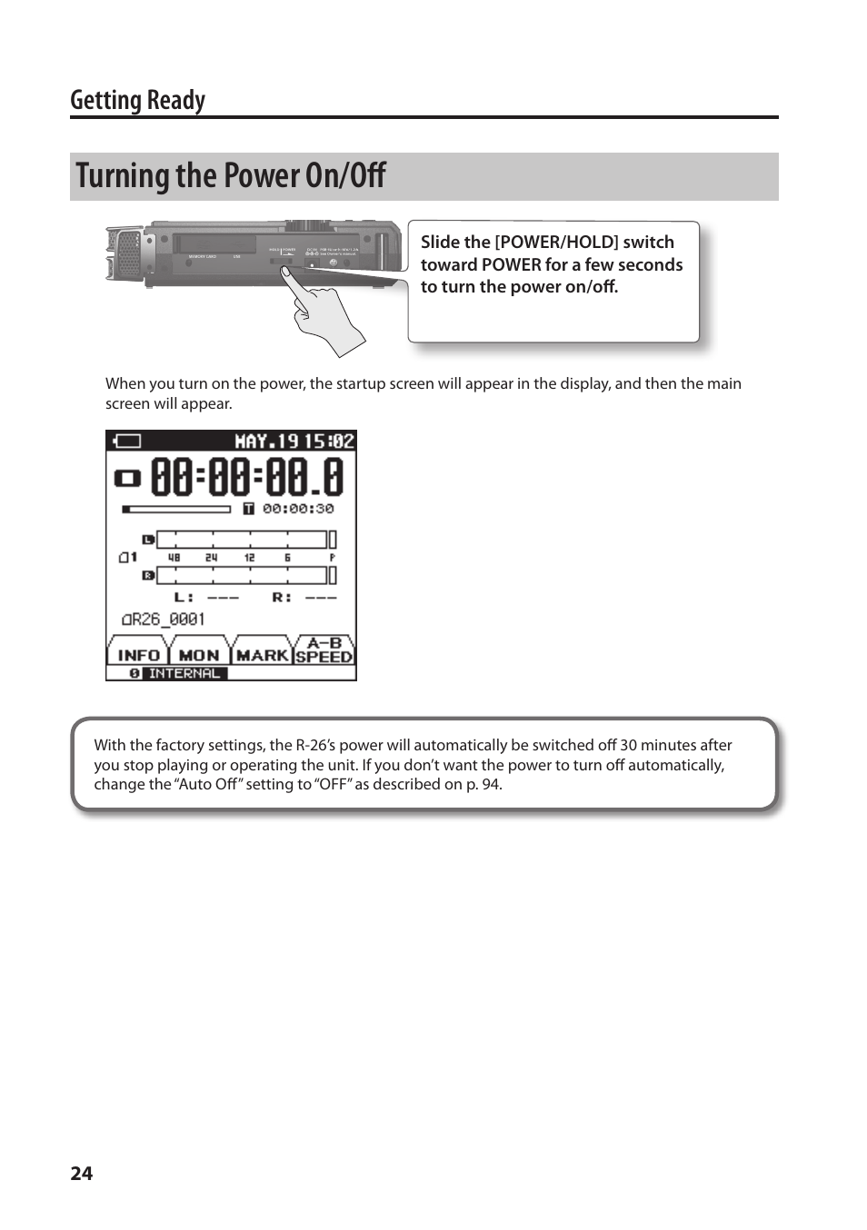 Er on/off (p. 24), Turning the power on/off, Getting ready | Roland Portable Recorded R-26 User Manual | Page 24 / 112