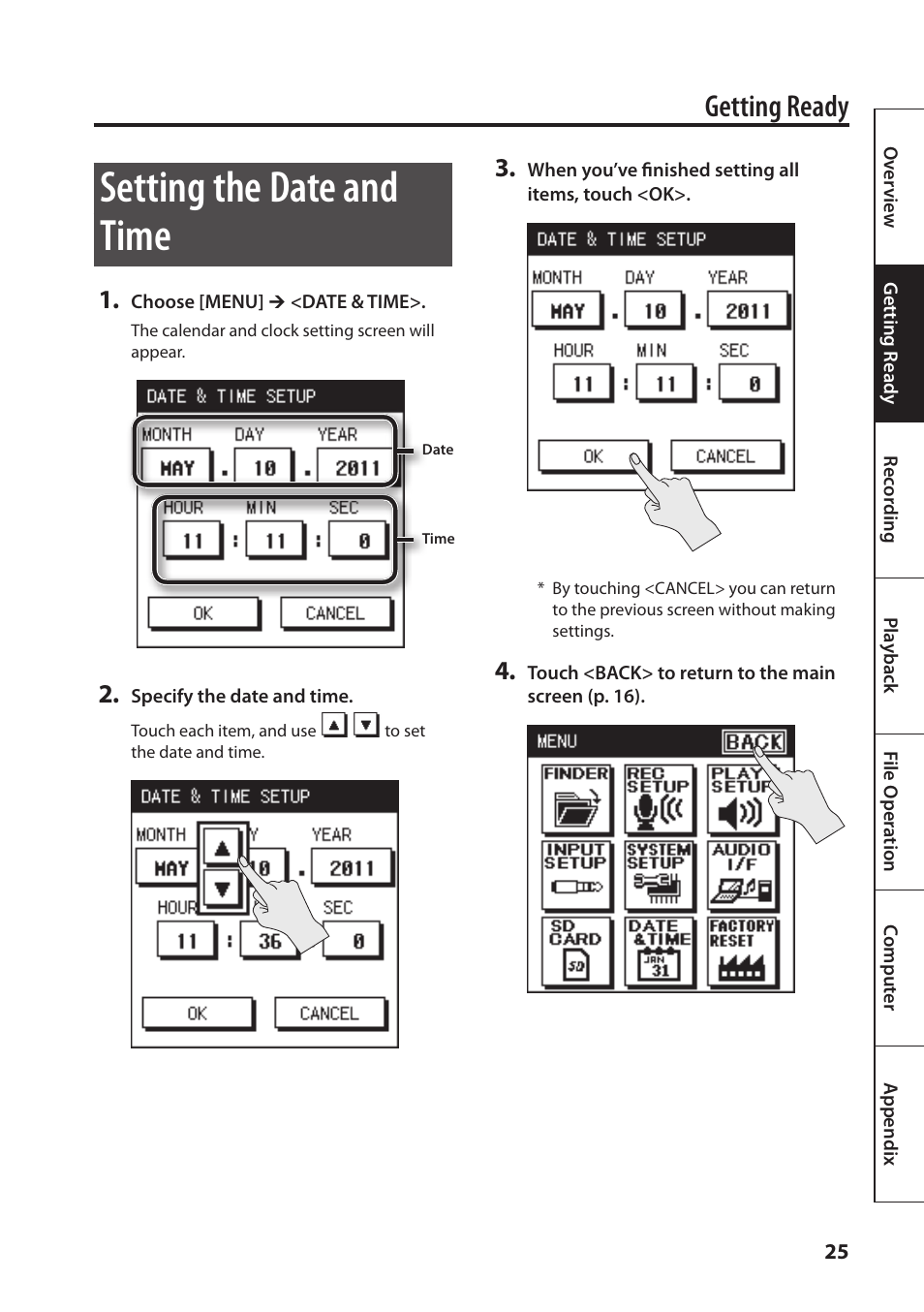 Setting the date and time, Getting ready | Roland Portable Recorded R-26 User Manual | Page 25 / 112