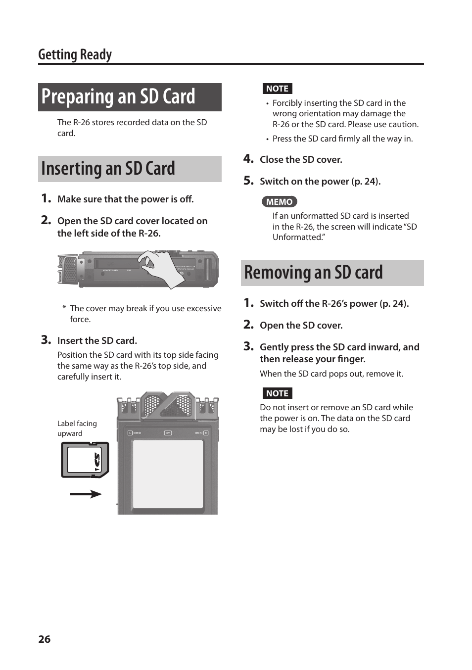 O this slot (p. 26), Preparing an sd card, Inserting an sd card | Removing an sd card, Getting ready | Roland Portable Recorded R-26 User Manual | Page 26 / 112