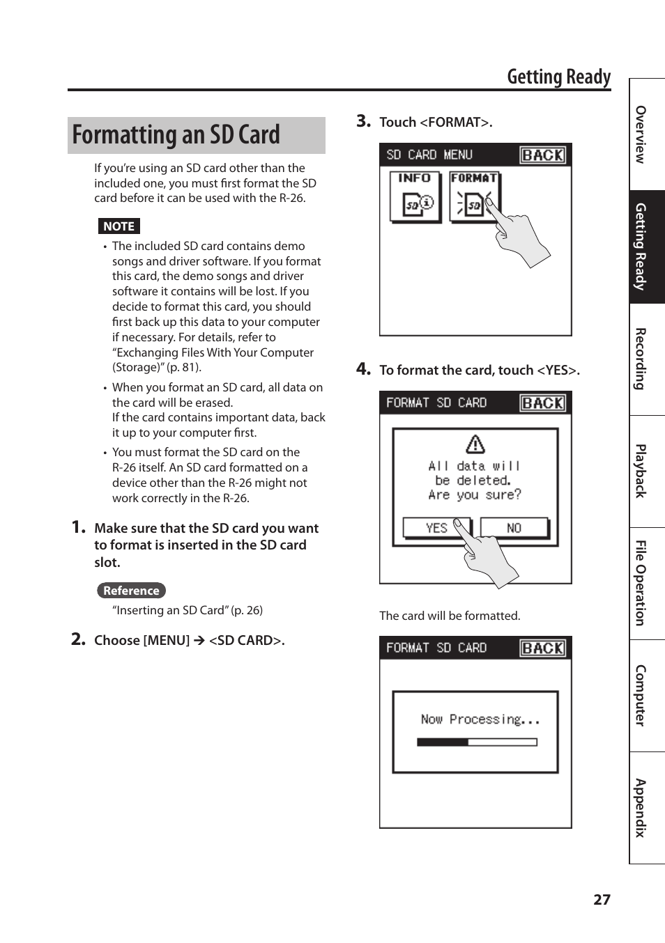 Formatting an sd card, Getting ready | Roland Portable Recorded R-26 User Manual | Page 27 / 112