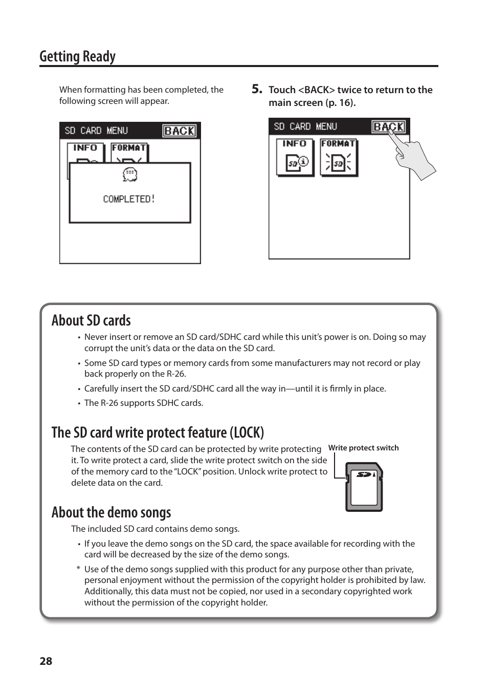 Getting ready, About sd cards, The sd card write protect feature (lock) | About the demo songs | Roland Portable Recorded R-26 User Manual | Page 28 / 112