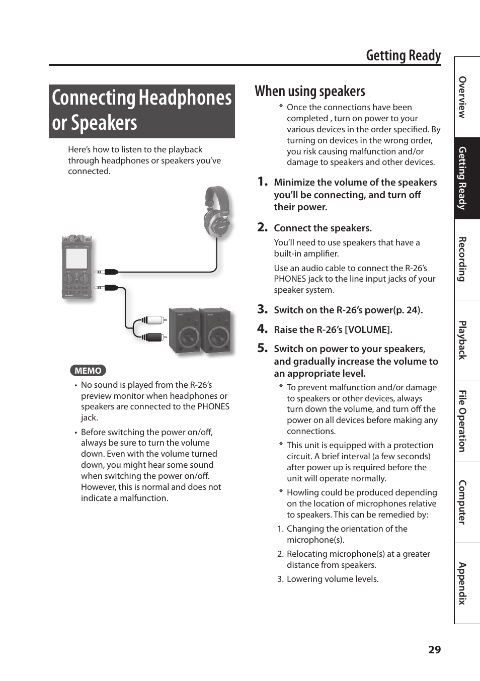 E (p. 29), Connecting headphones or speakers, Getting ready | When using speakers | Roland Portable Recorded R-26 User Manual | Page 29 / 112