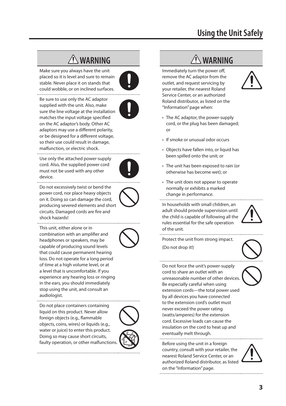 Using the unit safely, Warning | Roland Portable Recorded R-26 User Manual | Page 3 / 112