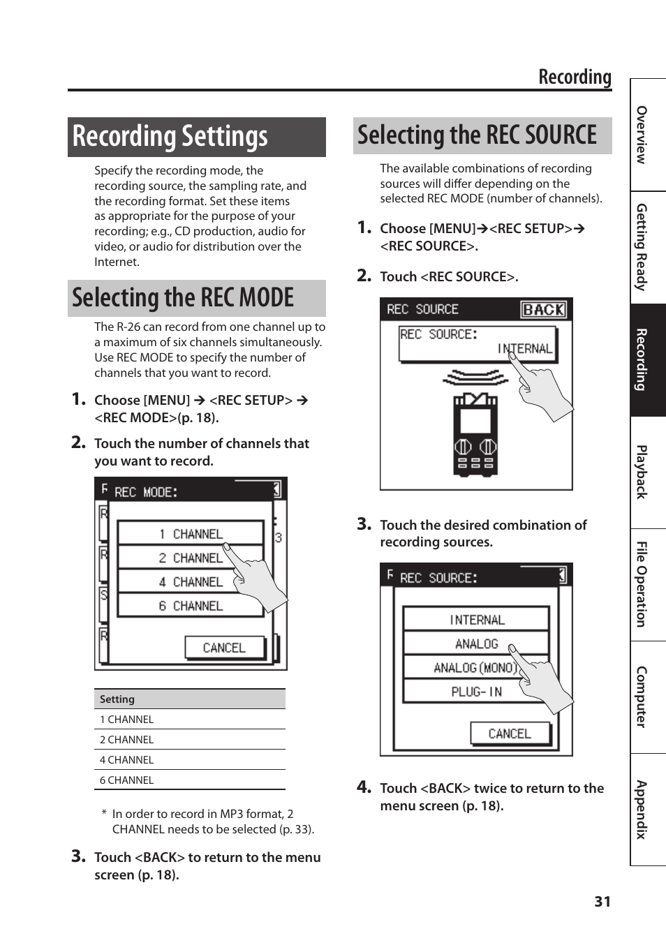 Ding (p. 31), P. 31), Recording settings | Selecting the rec mode, Selecting the rec source, Recording | Roland Portable Recorded R-26 User Manual | Page 31 / 112