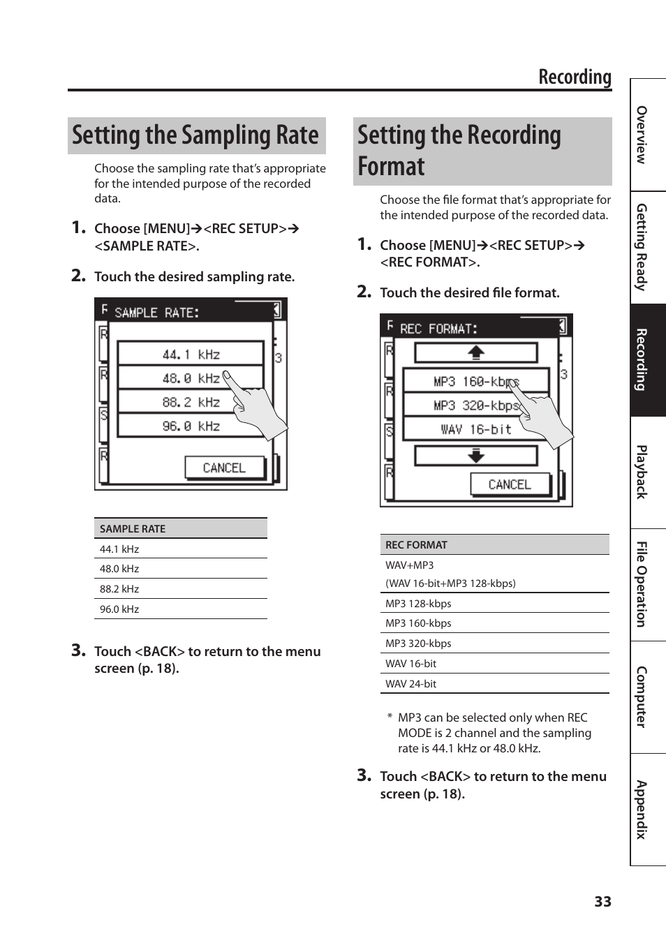 E (p. 33), Ding of both (p. 33), Ed (p. 33) | Setting the sampling rate, Setting the recording format, Recording | Roland Portable Recorded R-26 User Manual | Page 33 / 112