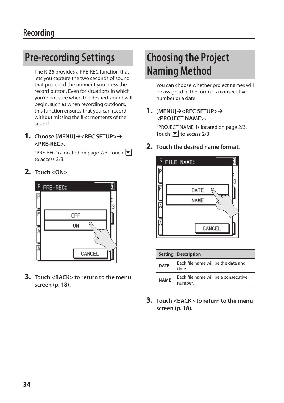 Pre-recording settings, Choosing the project naming method, Recording | Roland Portable Recorded R-26 User Manual | Page 34 / 112