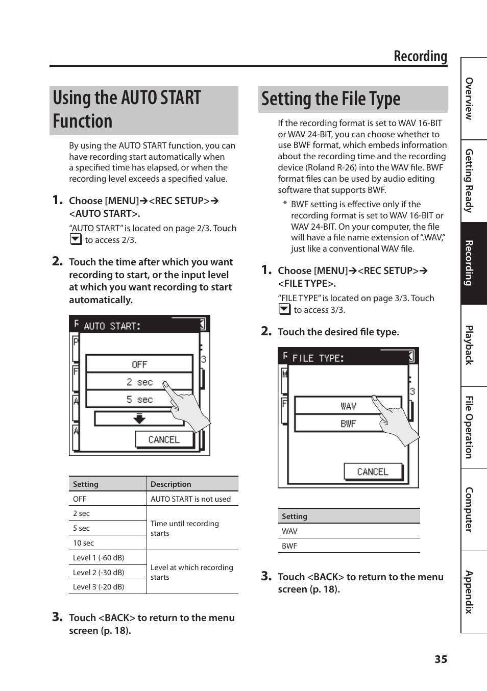 Using the auto start function, Setting the file type, Recording | Roland Portable Recorded R-26 User Manual | Page 35 / 112