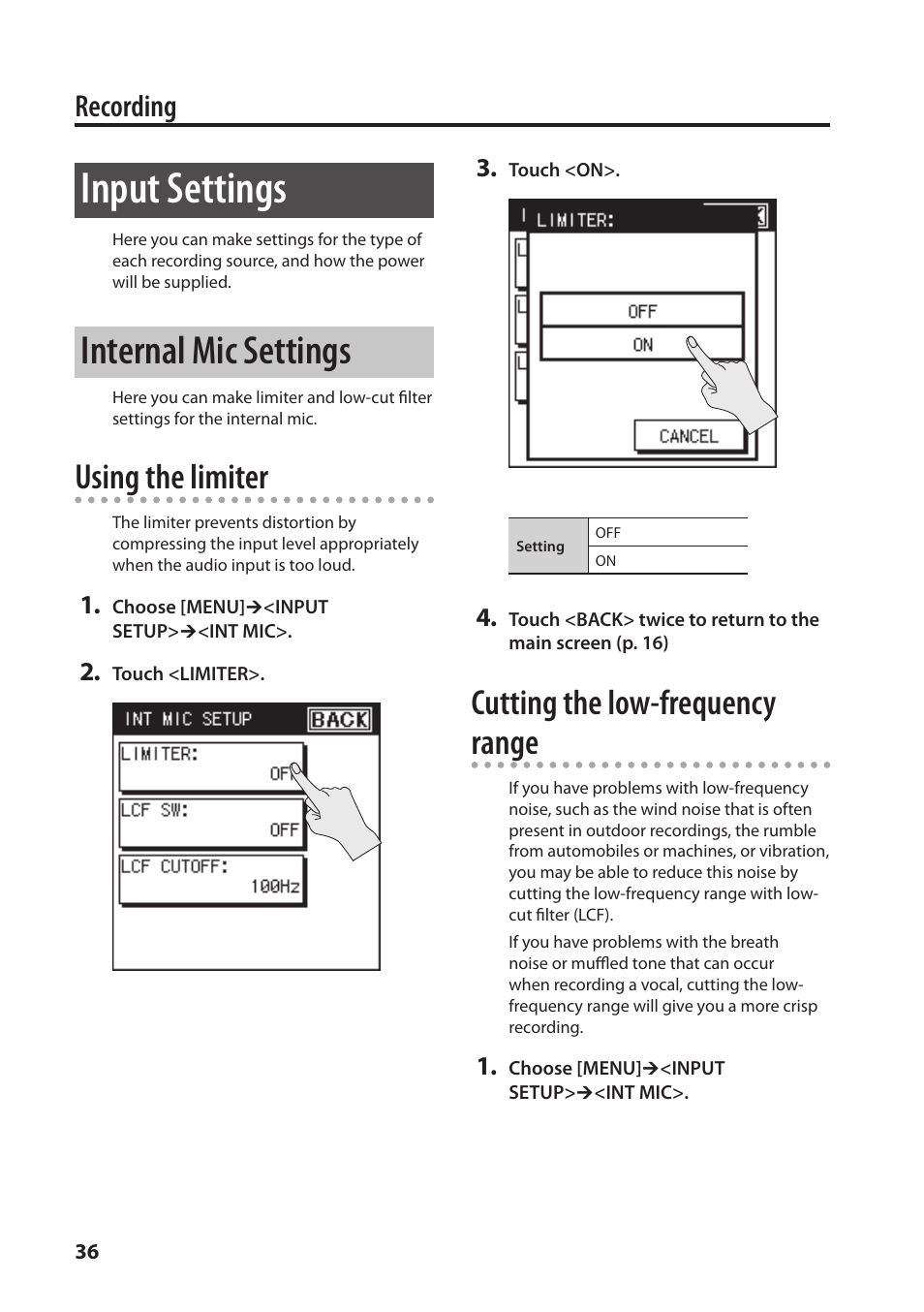 Input settings, Internal mic settings, Using the limiter | Cutting the low-frequency range, Recording | Roland Portable Recorded R-26 User Manual | Page 36 / 112