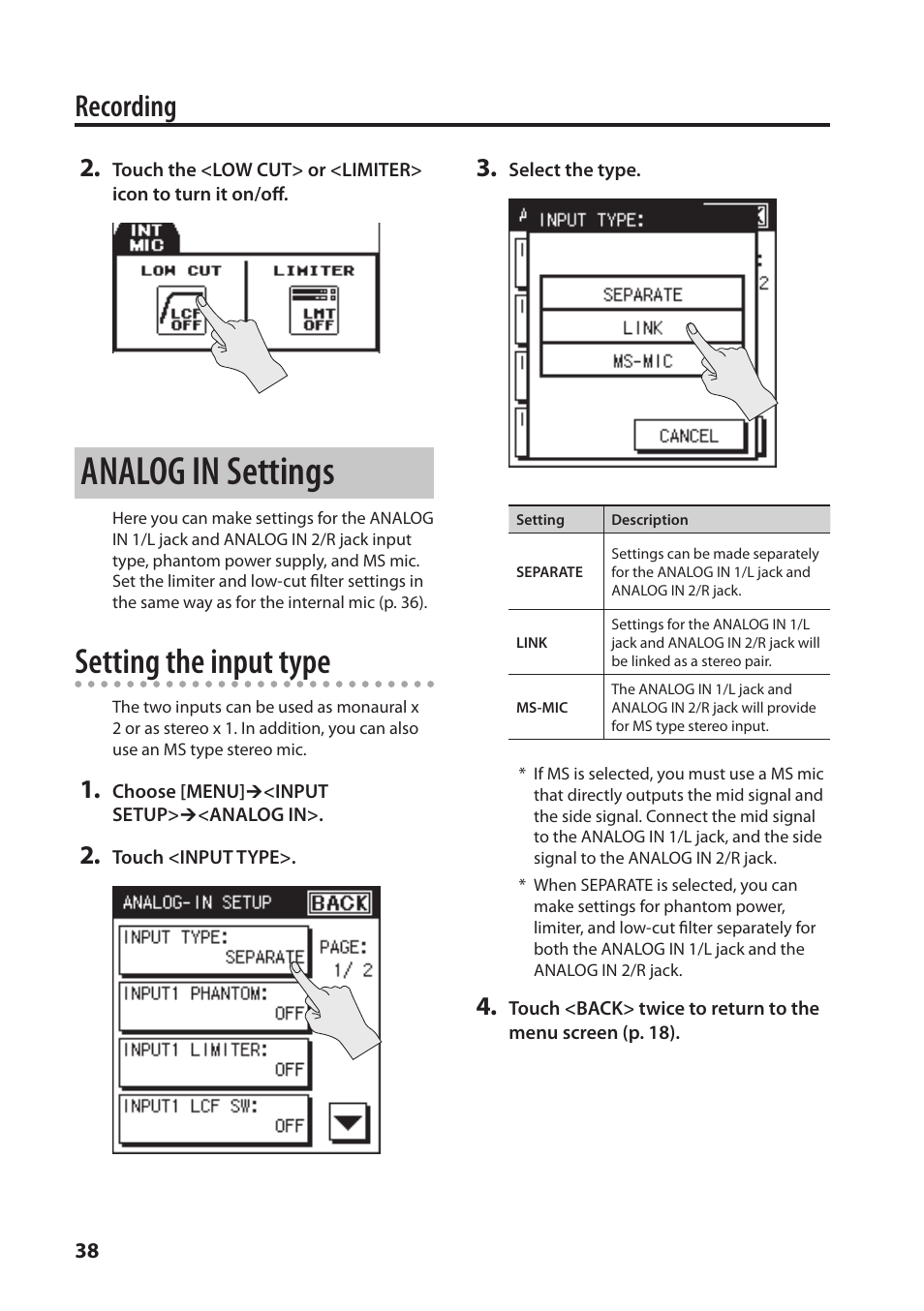 Analog in settings, Setting the input type, Recording | Roland Portable Recorded R-26 User Manual | Page 38 / 112