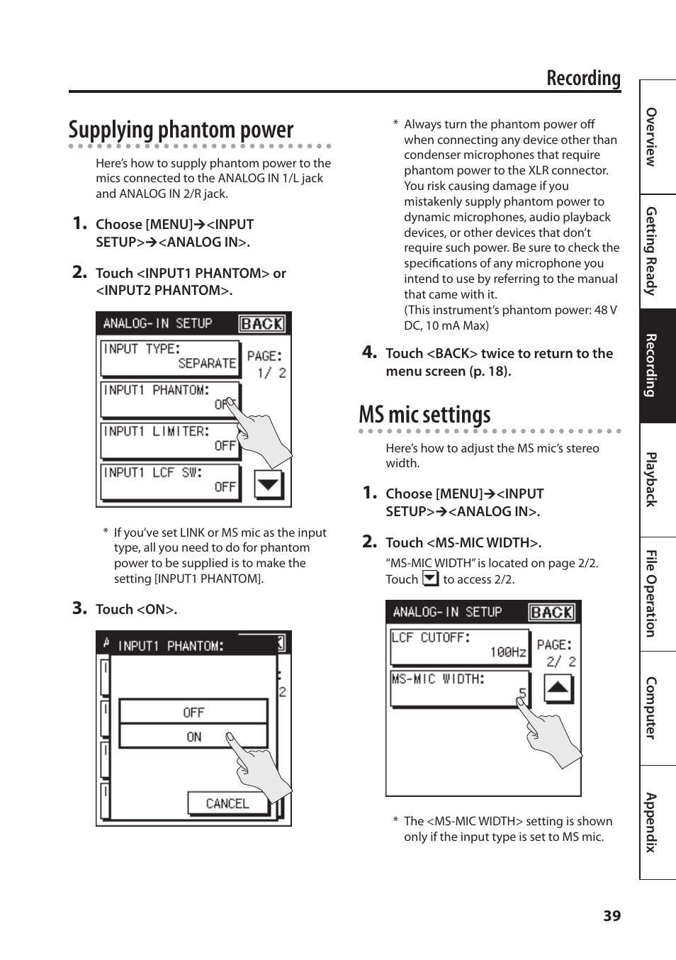 O “supplying, Phantom power” (p. 39), Supplying phantom power | Ms mic settings, Recording | Roland Portable Recorded R-26 User Manual | Page 39 / 112