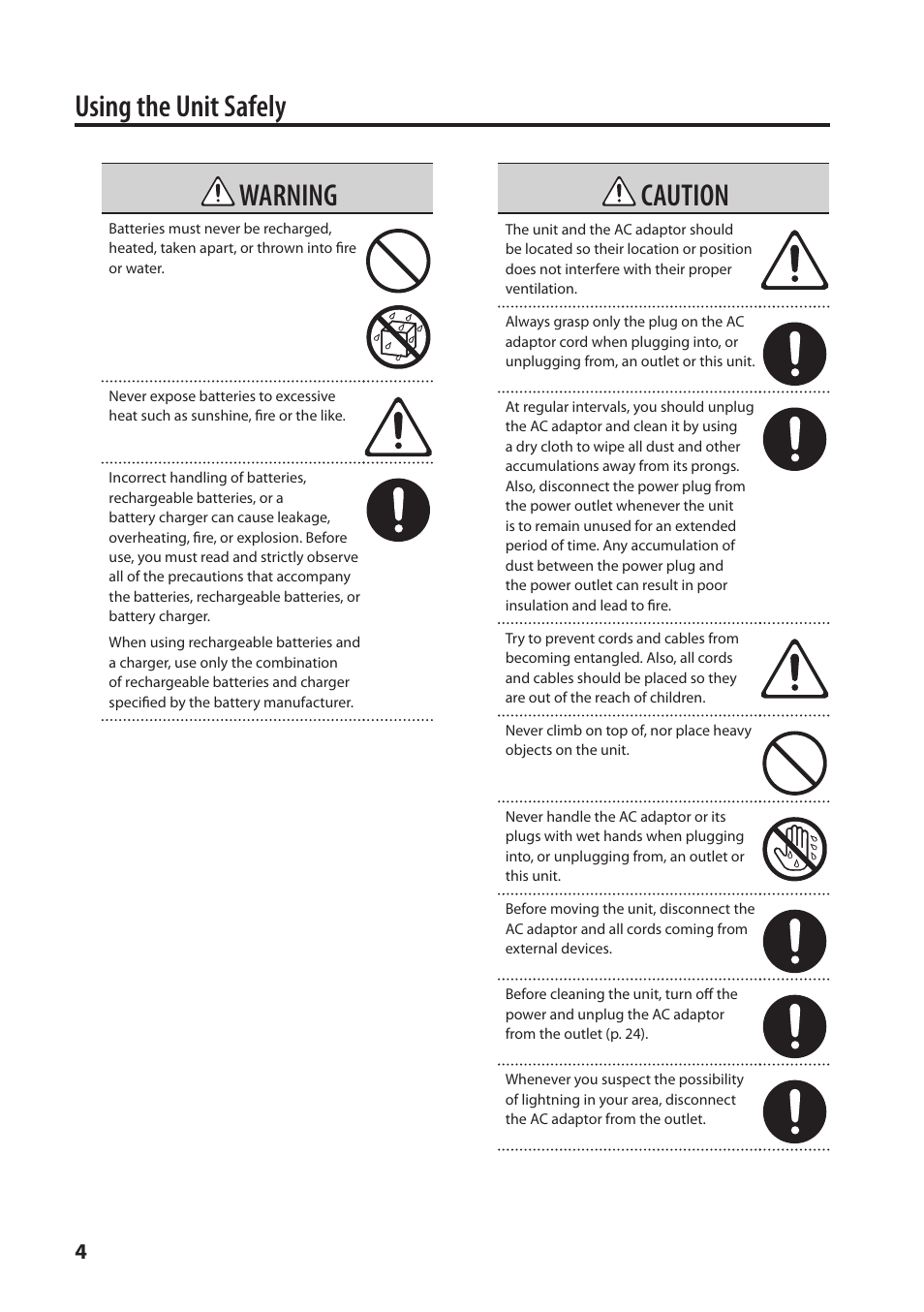 Using the unit safely, Warning, Caution | Roland Portable Recorded R-26 User Manual | Page 4 / 112