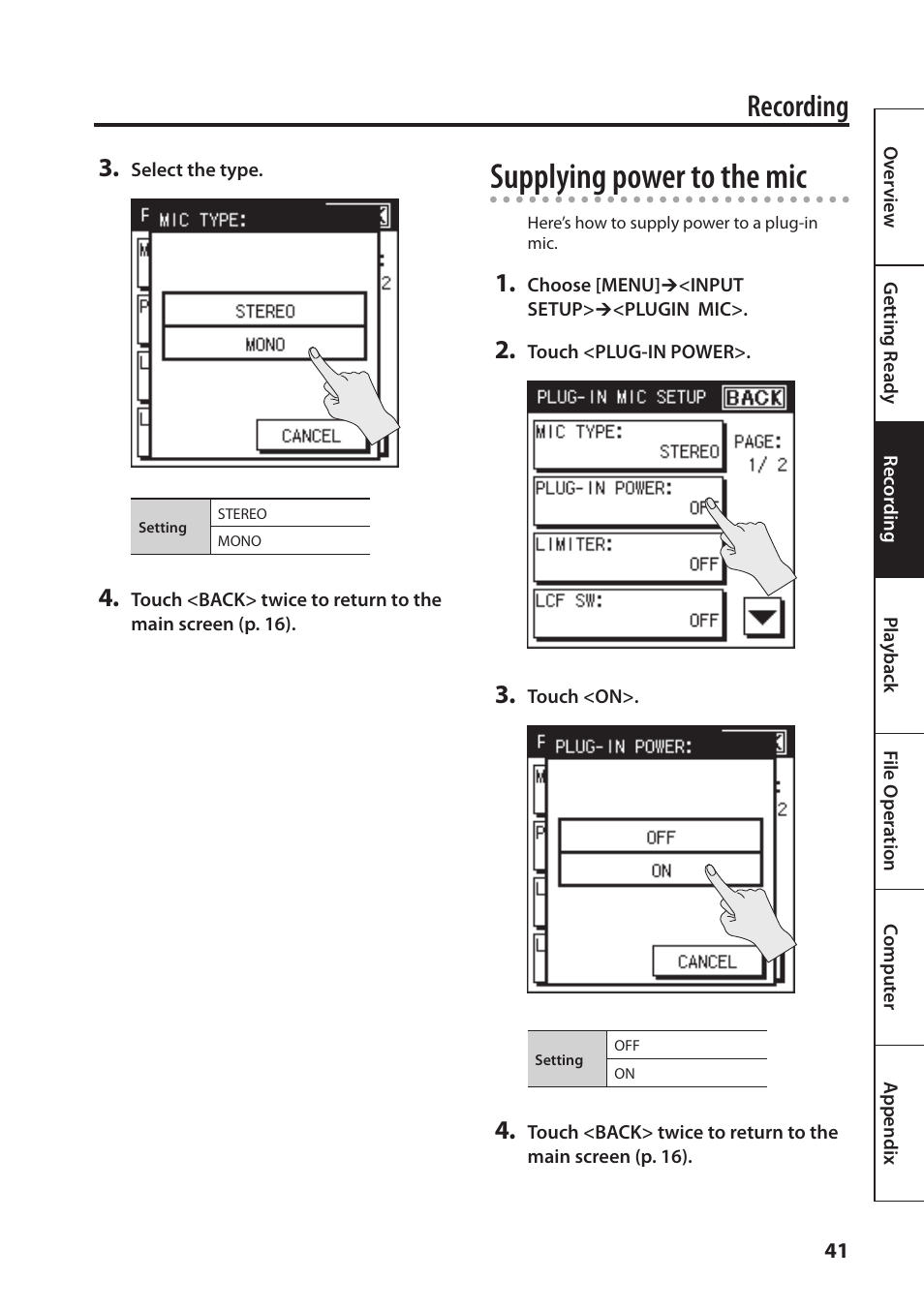 Supplying power to the mic, Recording | Roland Portable Recorded R-26 User Manual | Page 41 / 112