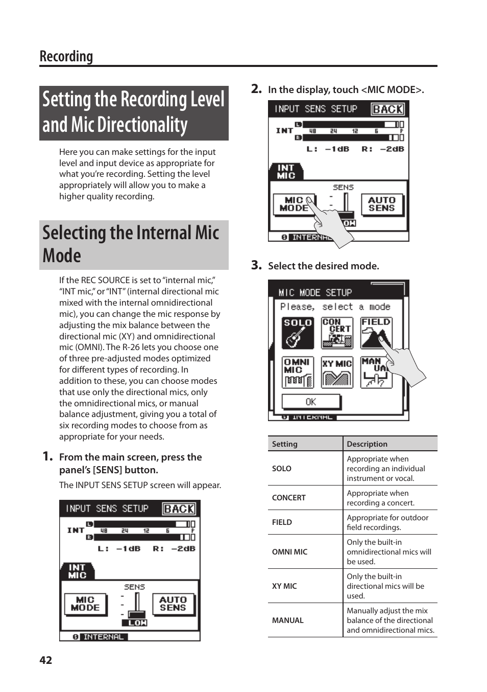 O the r-26 (p. 42), O the r-26 (p, Setting the recording level and mic directionality | Selecting the internal mic mode, Recording | Roland Portable Recorded R-26 User Manual | Page 42 / 112