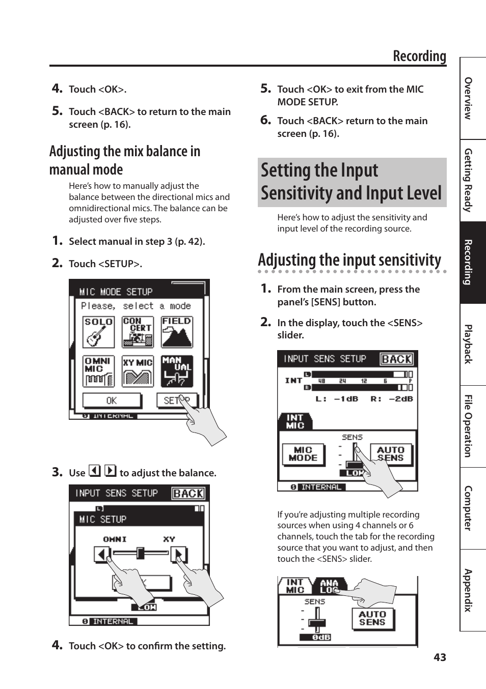 Nal mics (p. 43), P. 43, Setting the input sensitivity and input level | Adjusting the input sensitivity, Recording, Adjusting the mix balance in manual mode | Roland Portable Recorded R-26 User Manual | Page 43 / 112