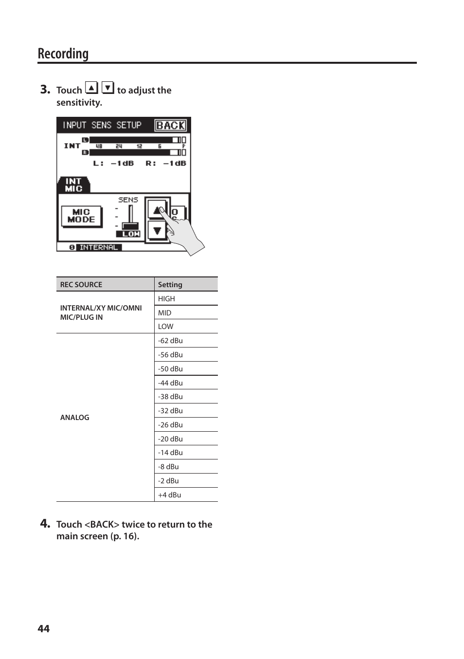 Recording | Roland Portable Recorded R-26 User Manual | Page 44 / 112