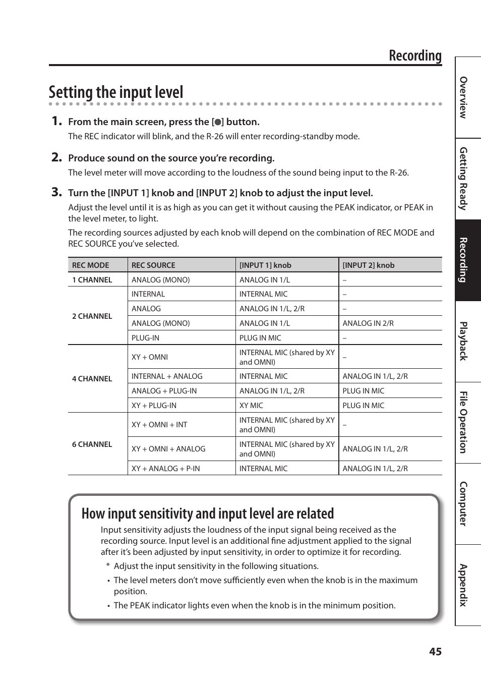 El (p. 45), Setting the input level, Recording | How input sensitivity and input level are related | Roland Portable Recorded R-26 User Manual | Page 45 / 112