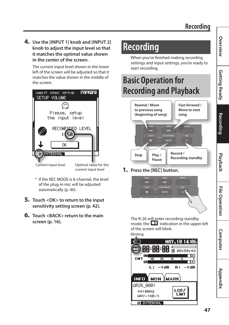 Recording” (p. 47), Basic operation for recording and playback, Recording | Roland Portable Recorded R-26 User Manual | Page 47 / 112