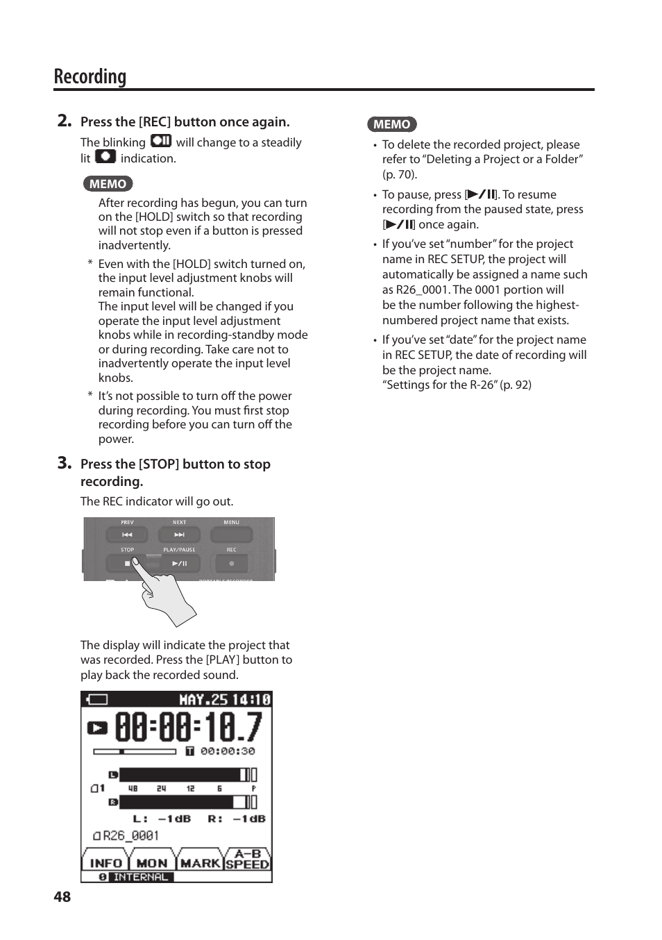 Recording | Roland Portable Recorded R-26 User Manual | Page 48 / 112