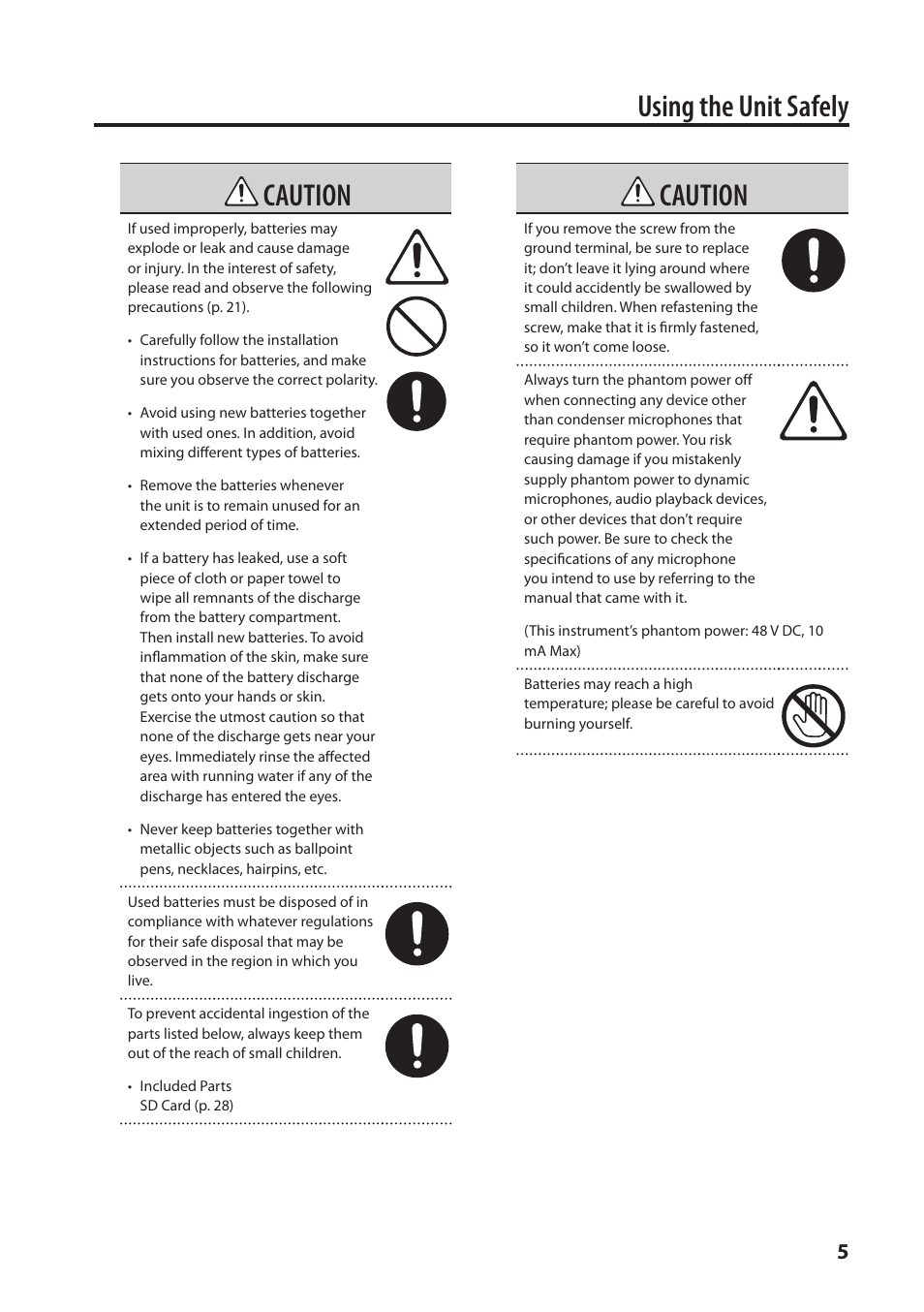 Using the unit safely, Caution | Roland Portable Recorded R-26 User Manual | Page 5 / 112