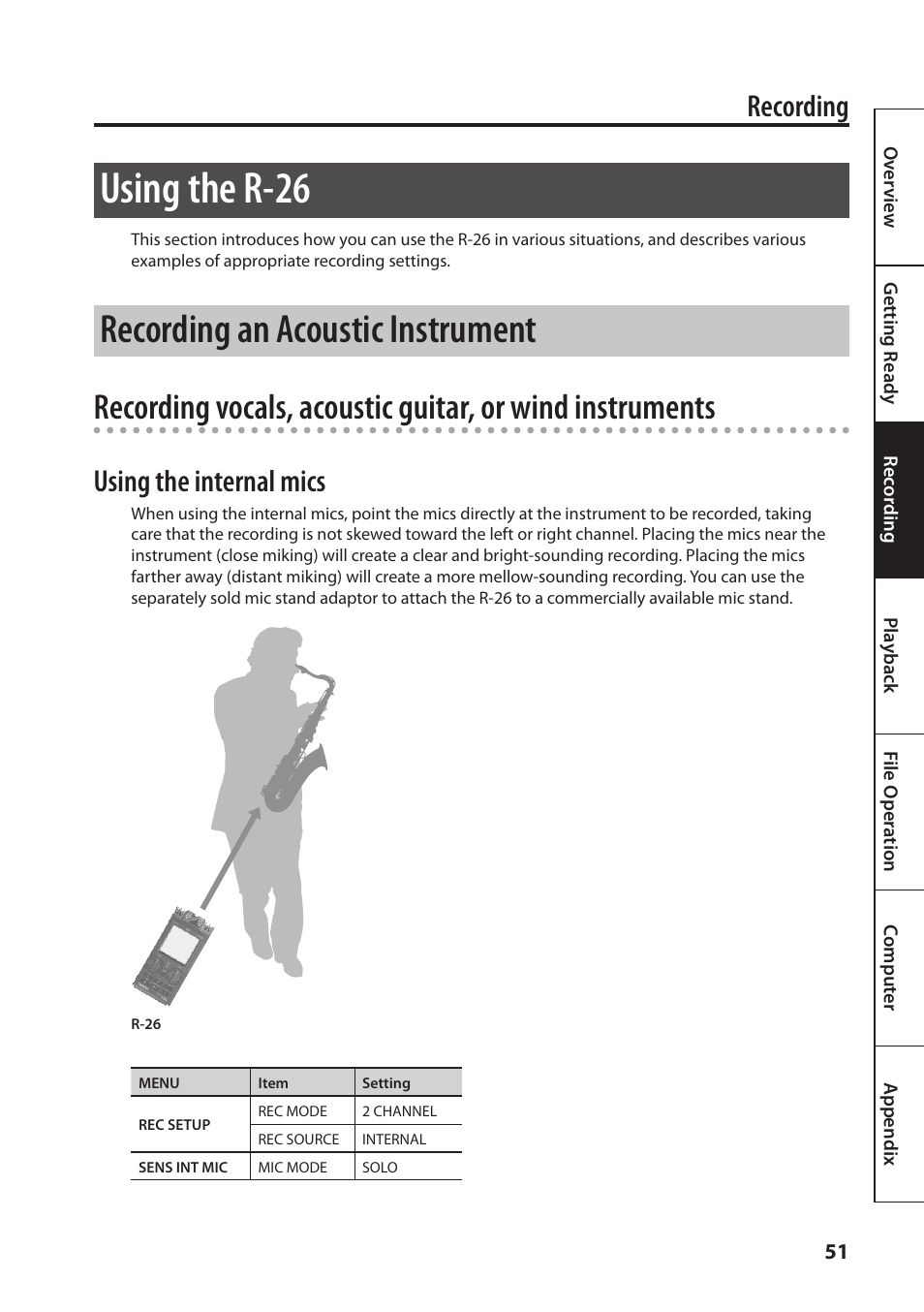 Using the r-26, Recording an acoustic instrument, Recording | Using the internal mics | Roland Portable Recorded R-26 User Manual | Page 51 / 112