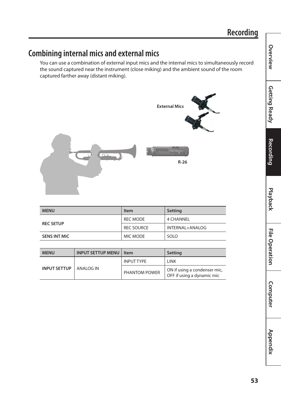 Recording, Combining internal mics and external mics | Roland Portable Recorded R-26 User Manual | Page 53 / 112