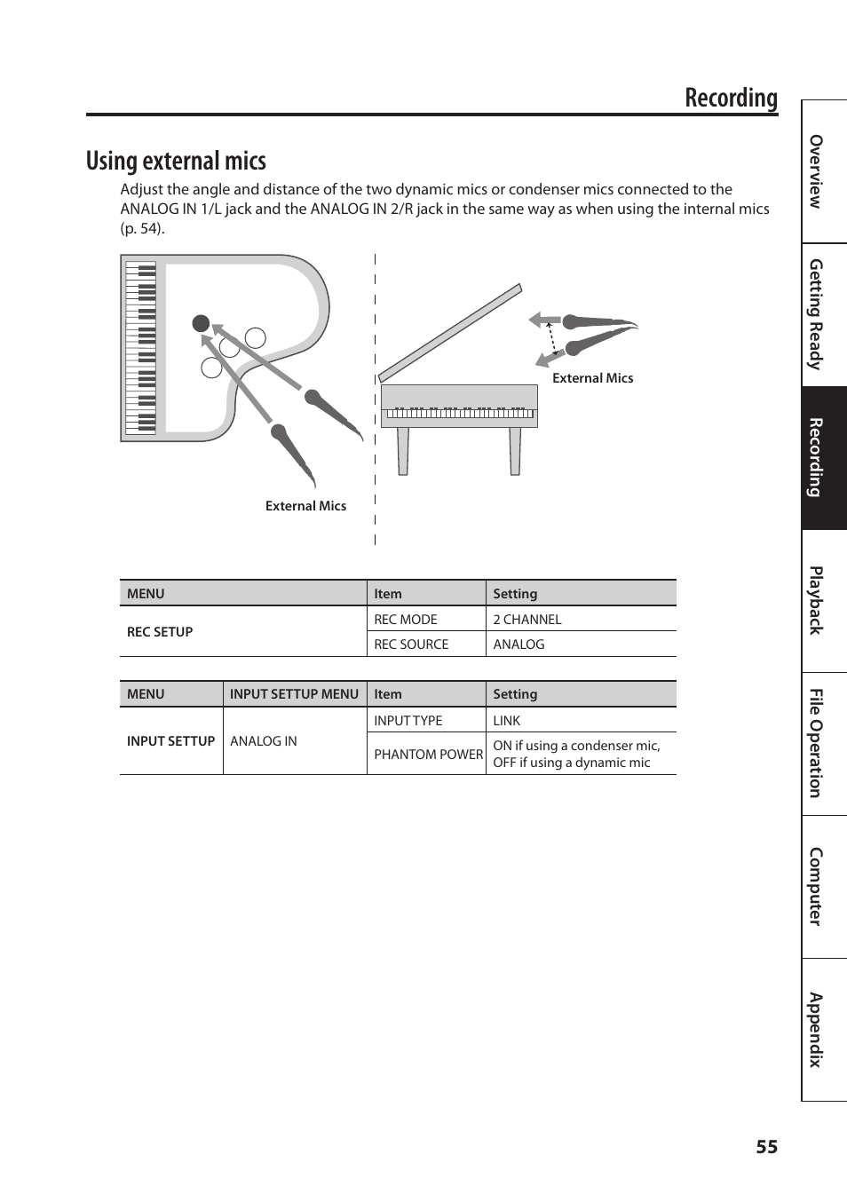 Recording, Using external mics | Roland Portable Recorded R-26 User Manual | Page 55 / 112