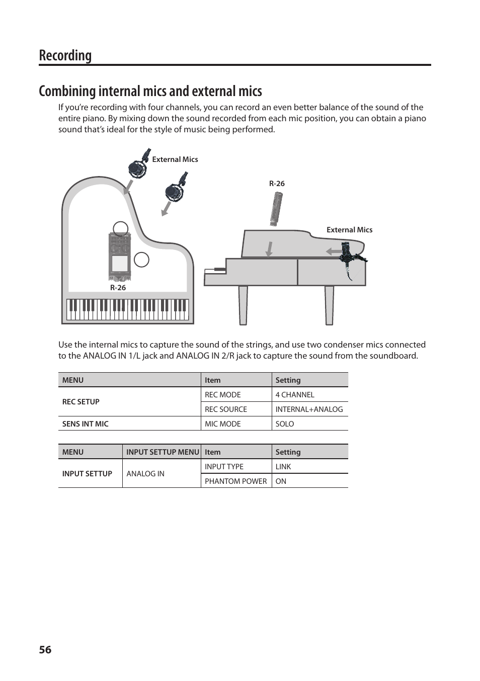 Recording, Combining internal mics and external mics | Roland Portable Recorded R-26 User Manual | Page 56 / 112