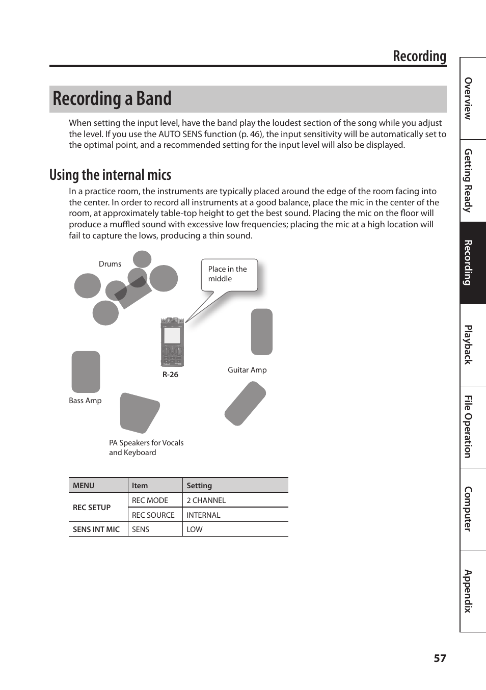 Recording a band, Recording, Using the internal mics | Roland Portable Recorded R-26 User Manual | Page 57 / 112