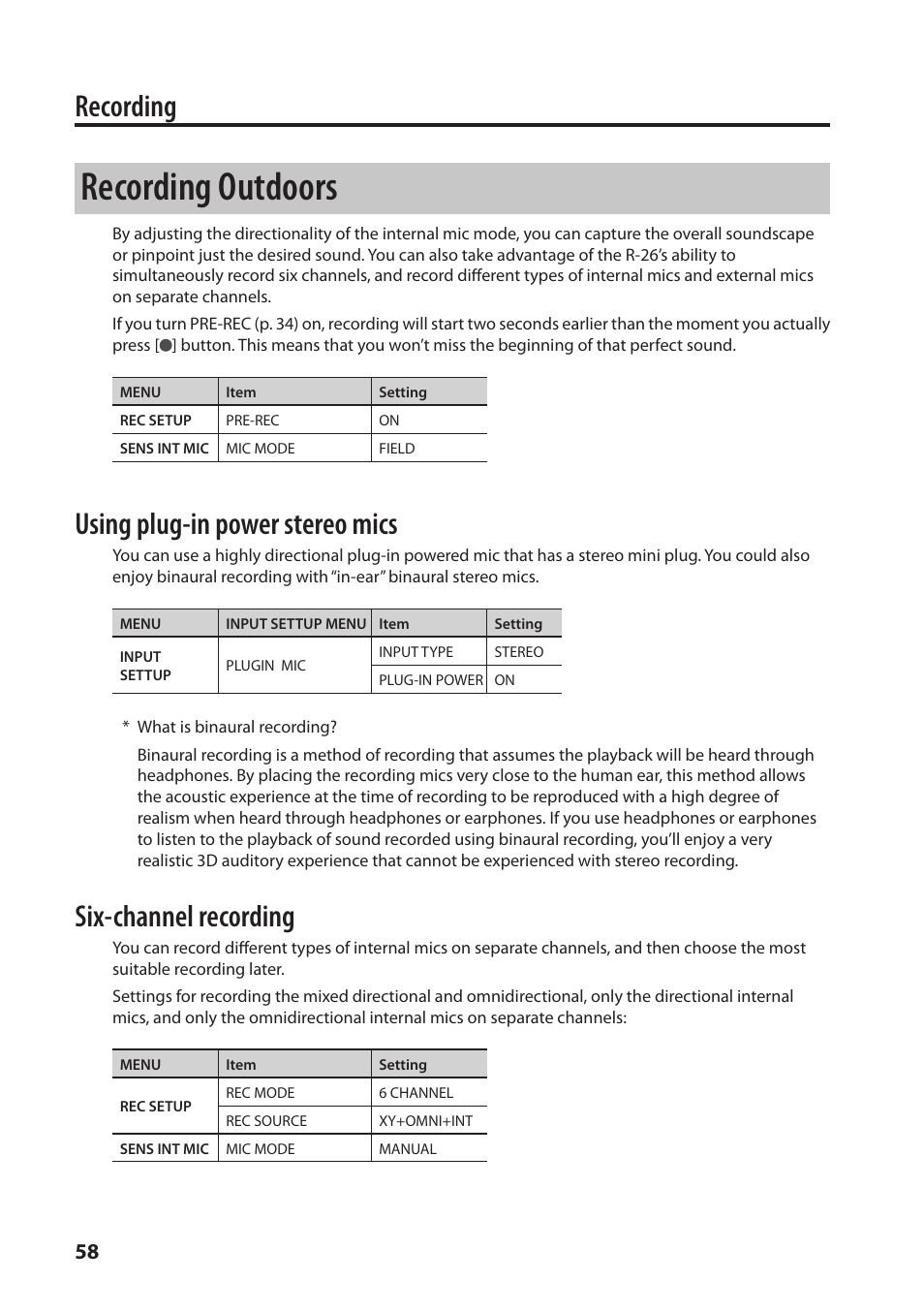 Recording outdoors, Recording, Using plug-in power stereo mics | Six-channel recording | Roland Portable Recorded R-26 User Manual | Page 58 / 112