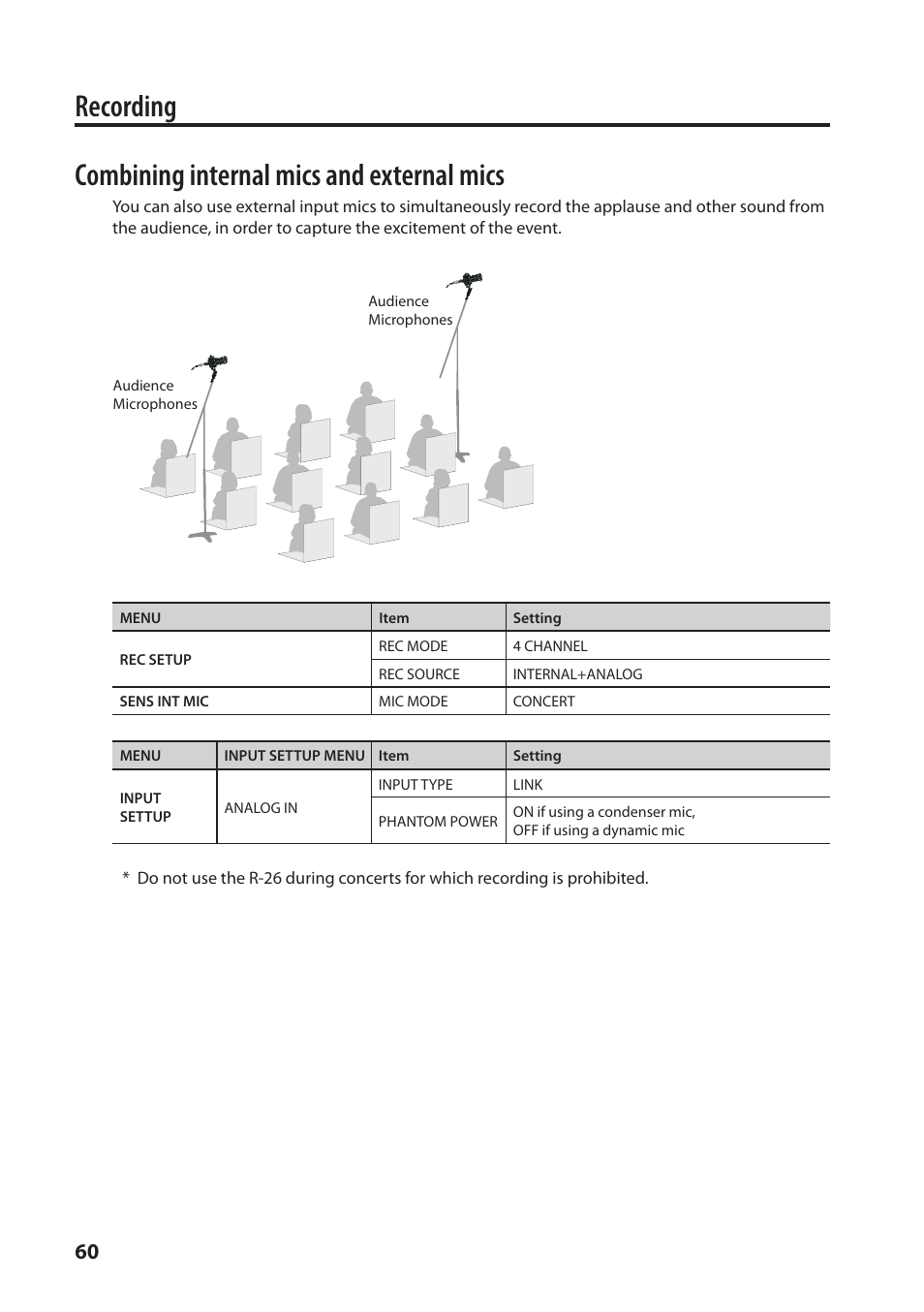 Recording, Combining internal mics and external mics | Roland Portable Recorded R-26 User Manual | Page 60 / 112