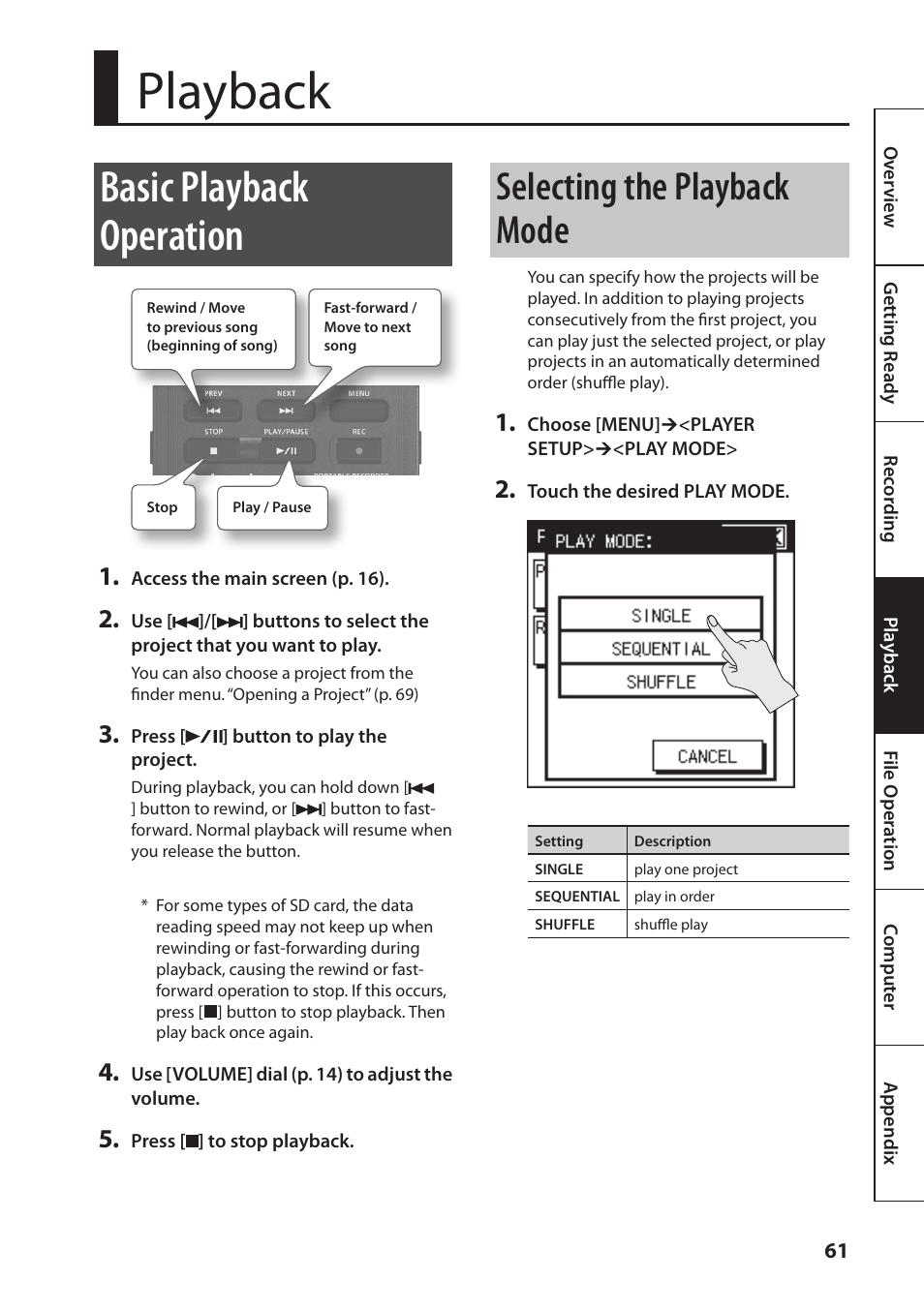 Playback, Basic playback operation, Selecting the playback mode | Roland Portable Recorded R-26 User Manual | Page 61 / 112