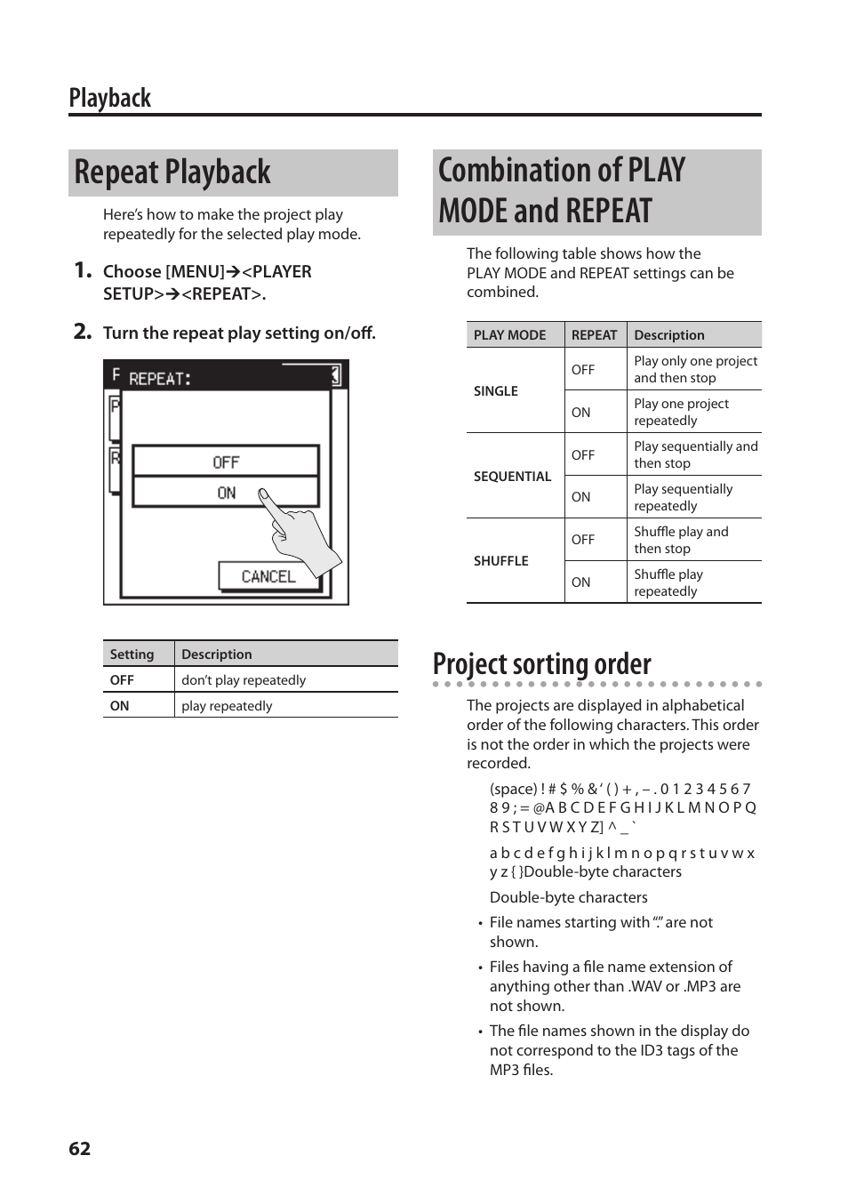 Repeat playback, Combination of play mode and repeat, Project sorting order | Playback | Roland Portable Recorded R-26 User Manual | Page 62 / 112