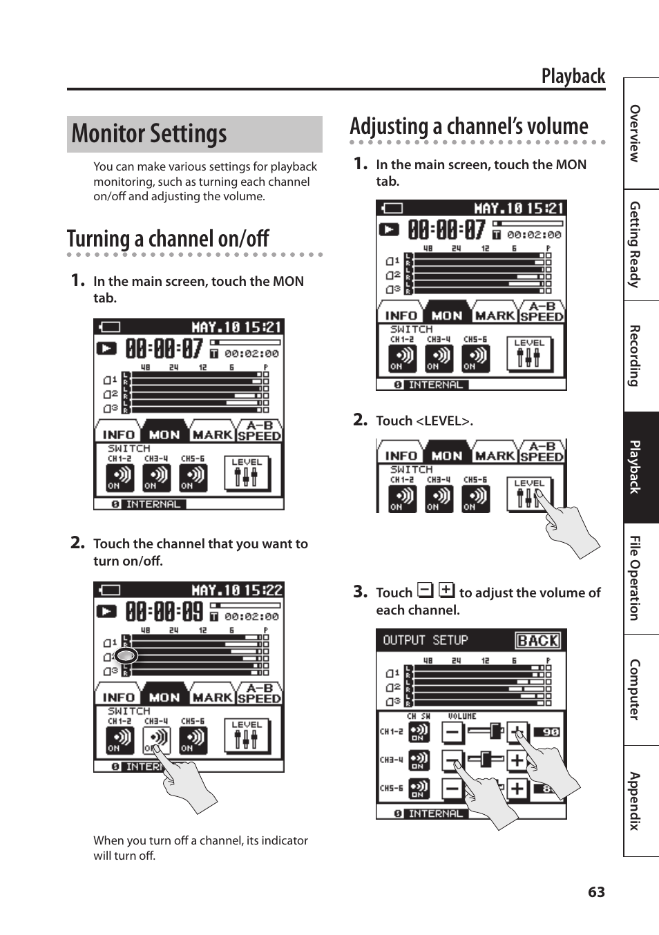 Ding (p. 63), Monitor settings, Turning a channel on/off | Adjusting a channel’s volume, Playback | Roland Portable Recorded R-26 User Manual | Page 63 / 112