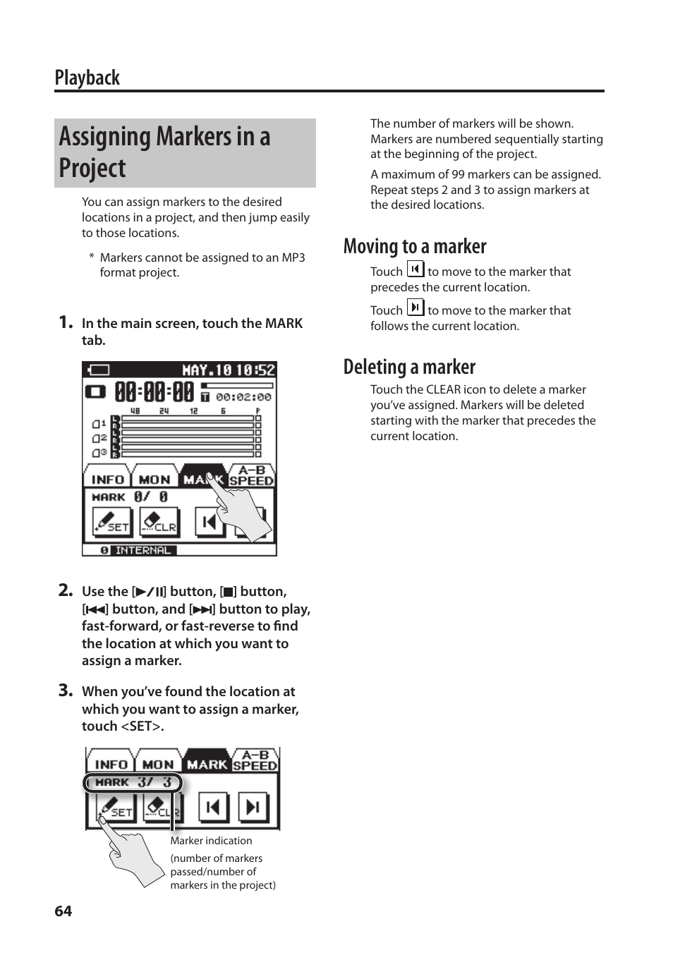 T (p. 64), Assigning markers in a project, Playback | Moving to a marker, Deleting a marker | Roland Portable Recorded R-26 User Manual | Page 64 / 112