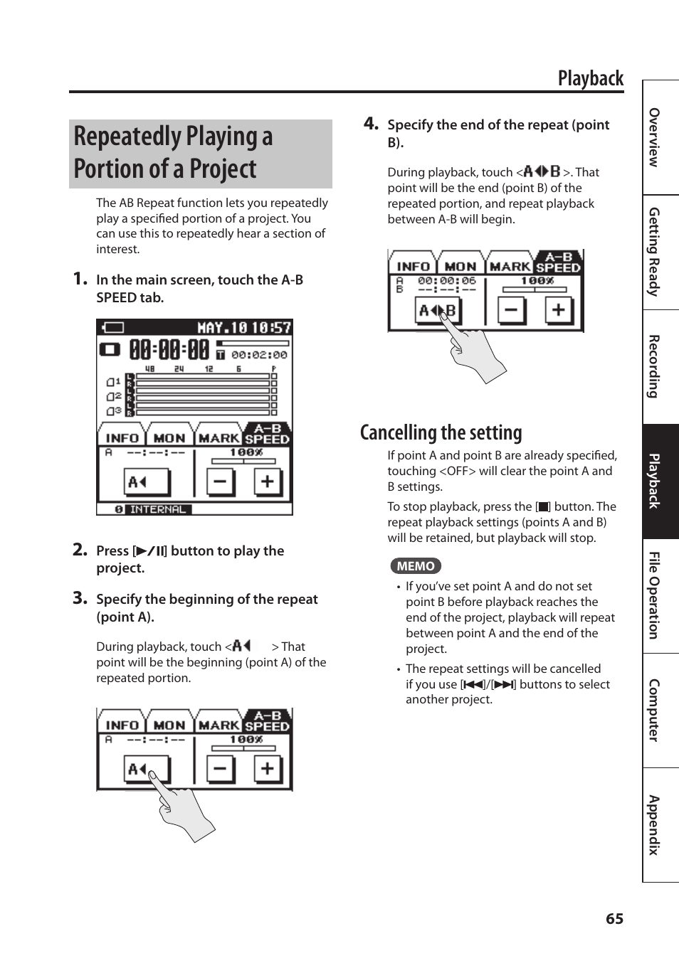 T (p. 65), or change, Repeatedly playing a portion of a project, Playback | Cancelling the setting | Roland Portable Recorded R-26 User Manual | Page 65 / 112