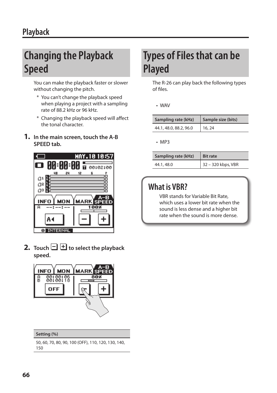 Yback speed (p. 66), Changing the playback speed, Types of files that can be played | Playback, What is vbr | Roland Portable Recorded R-26 User Manual | Page 66 / 112