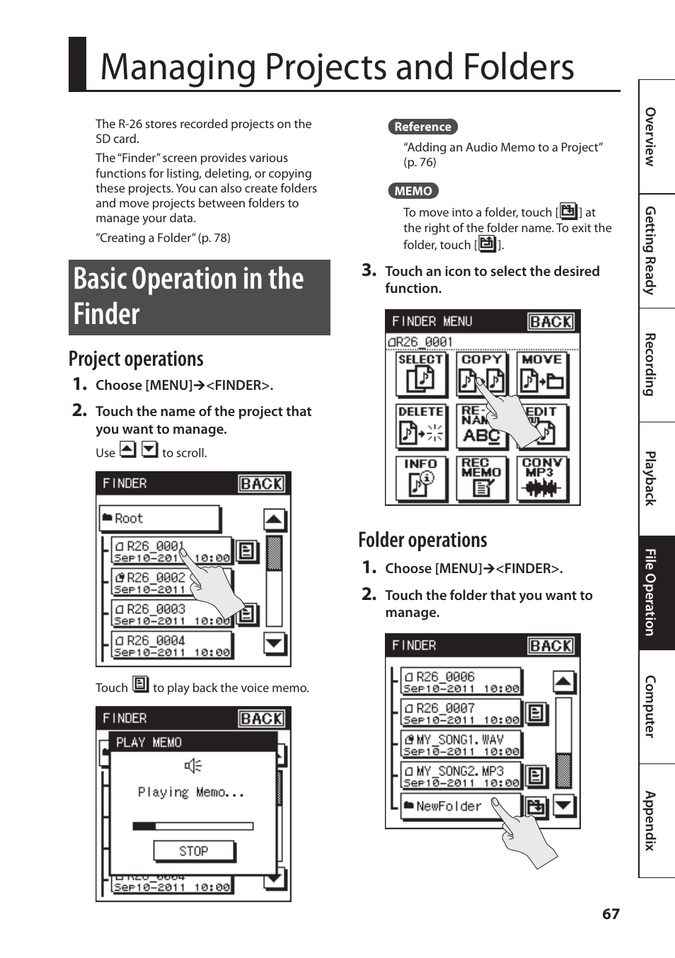 Managing projects and folders, Basic operation in the finder, Project operations | Folder operations | Roland Portable Recorded R-26 User Manual | Page 67 / 112