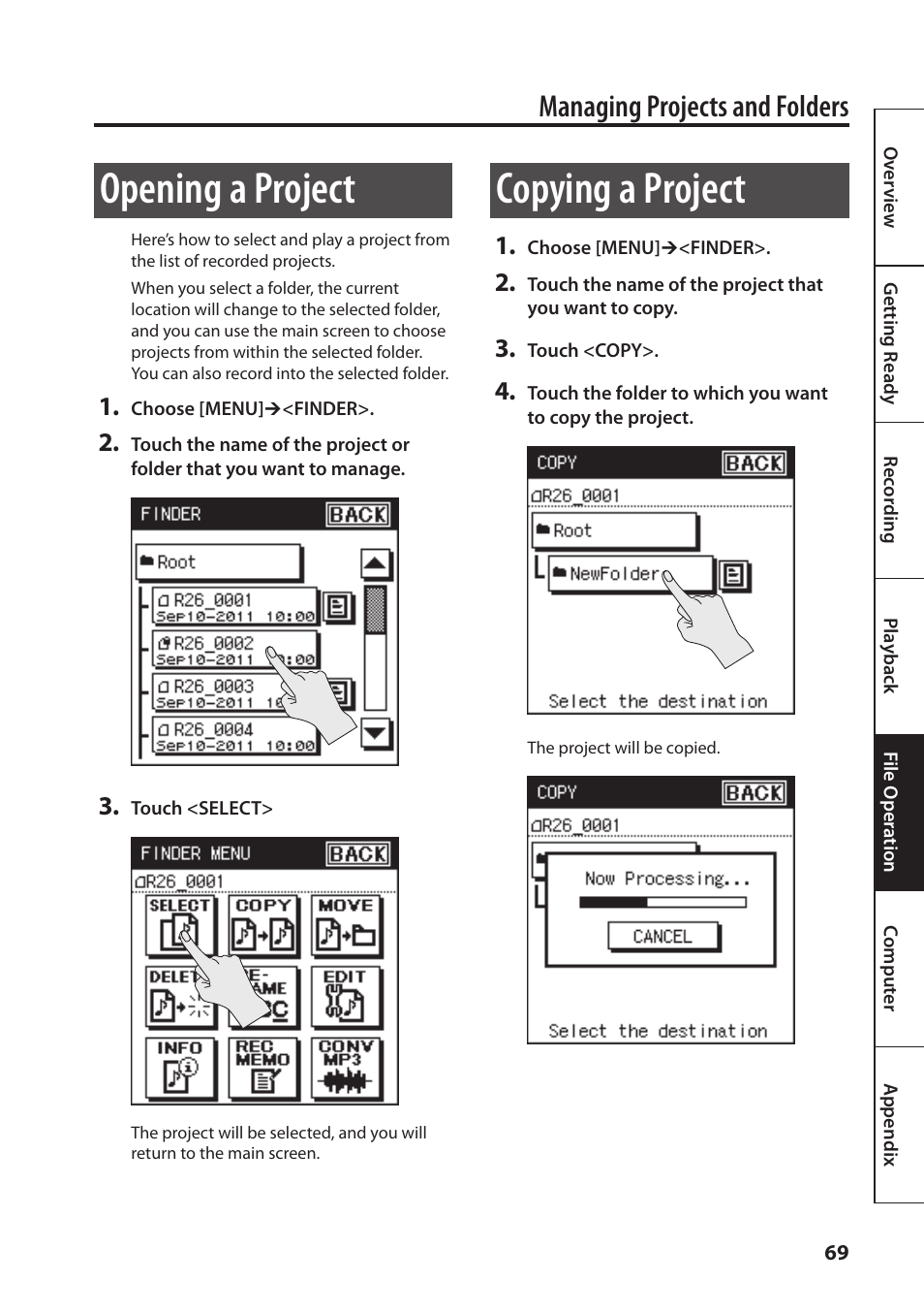 Opening a project, Copying a project, Managing projects and folders | Roland Portable Recorded R-26 User Manual | Page 69 / 112