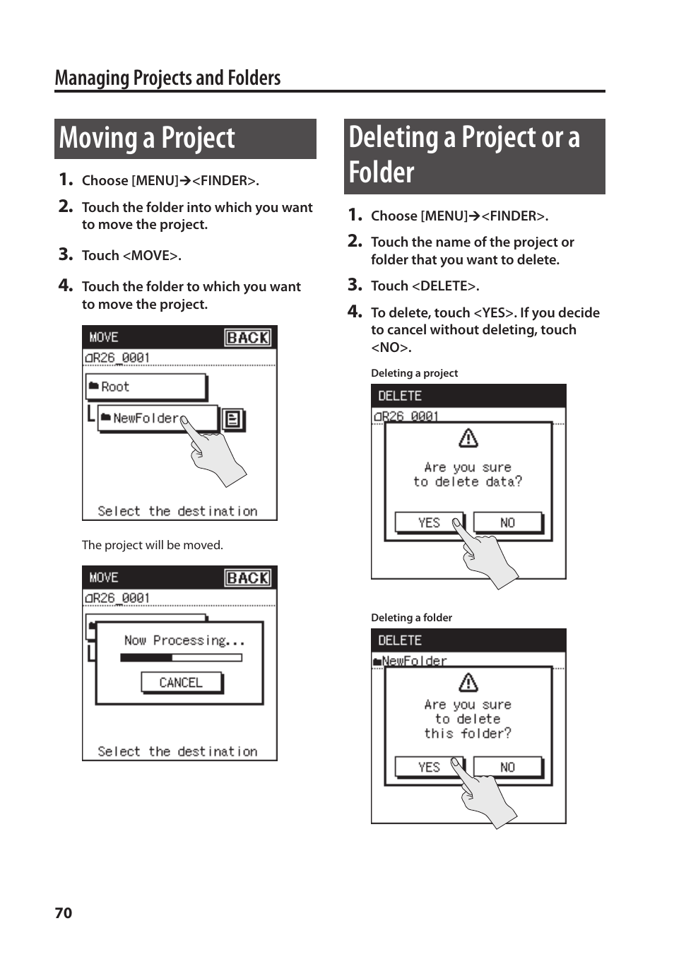 P. 70, Moving a project, Deleting a project or a folder | Managing projects and folders | Roland Portable Recorded R-26 User Manual | Page 70 / 112