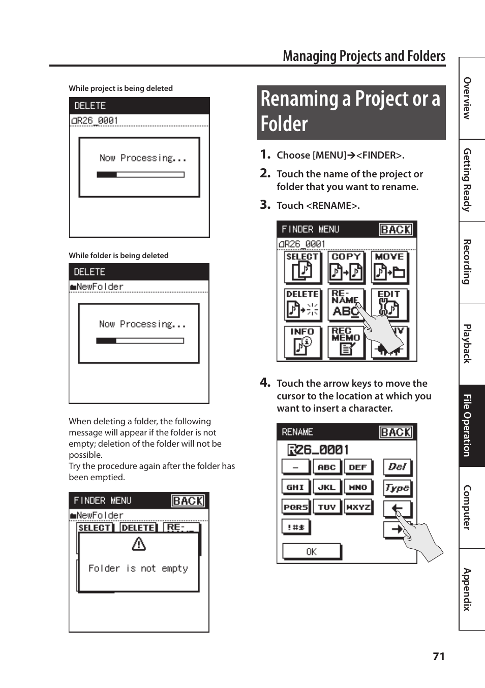 P. 71, Renaming a project or a folder, Managing projects and folders | Roland Portable Recorded R-26 User Manual | Page 71 / 112