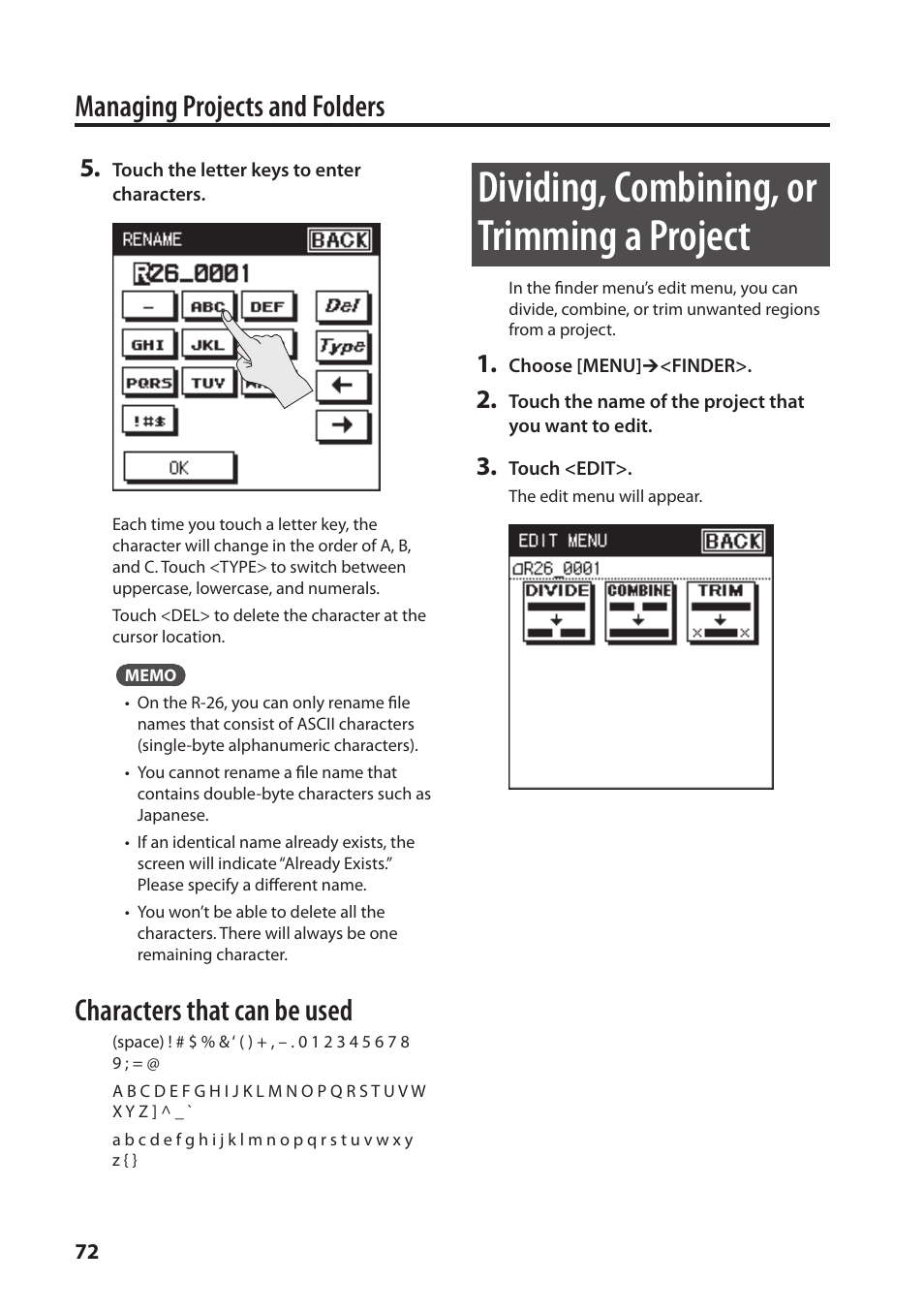 P. 72, Dividing, combining, or trimming a project, Managing projects and folders | Characters that can be used | Roland Portable Recorded R-26 User Manual | Page 72 / 112