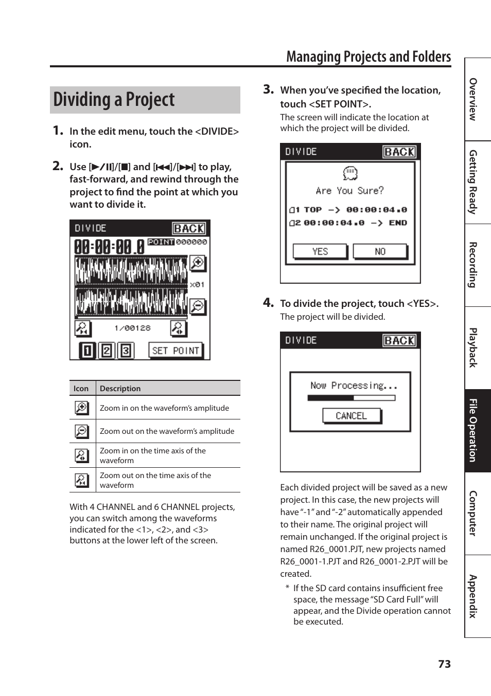 Dividing a project, Managing projects and folders | Roland Portable Recorded R-26 User Manual | Page 73 / 112