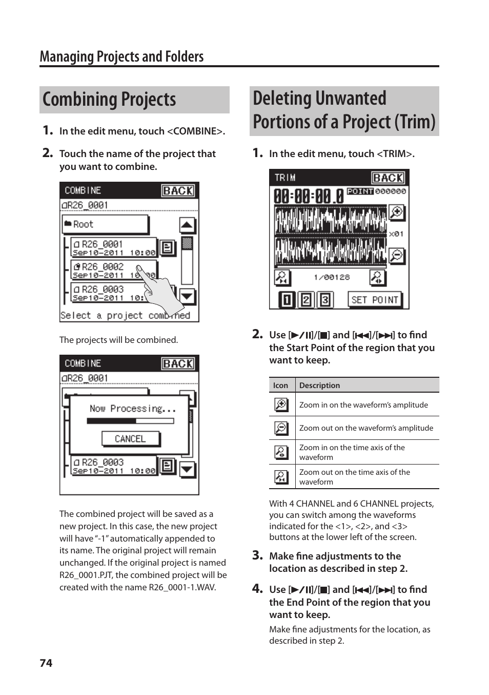 Combining projects, Deleting unwanted portions of a project (trim), Managing projects and folders | Roland Portable Recorded R-26 User Manual | Page 74 / 112