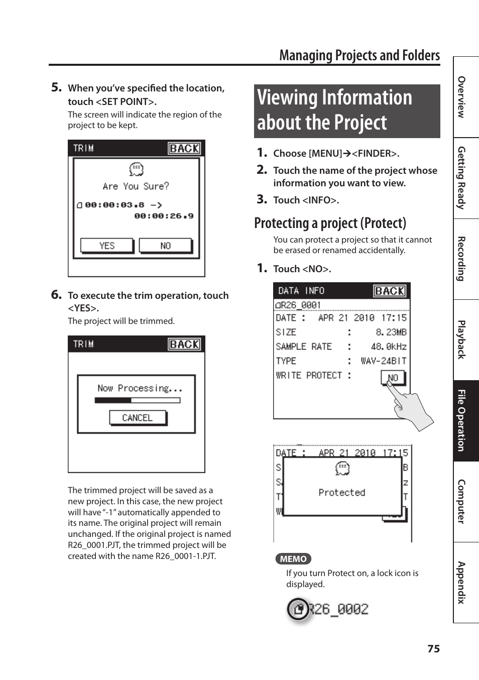 P. 75, Viewing information about the project, Managing projects and folders | Protecting a project (protect) | Roland Portable Recorded R-26 User Manual | Page 75 / 112