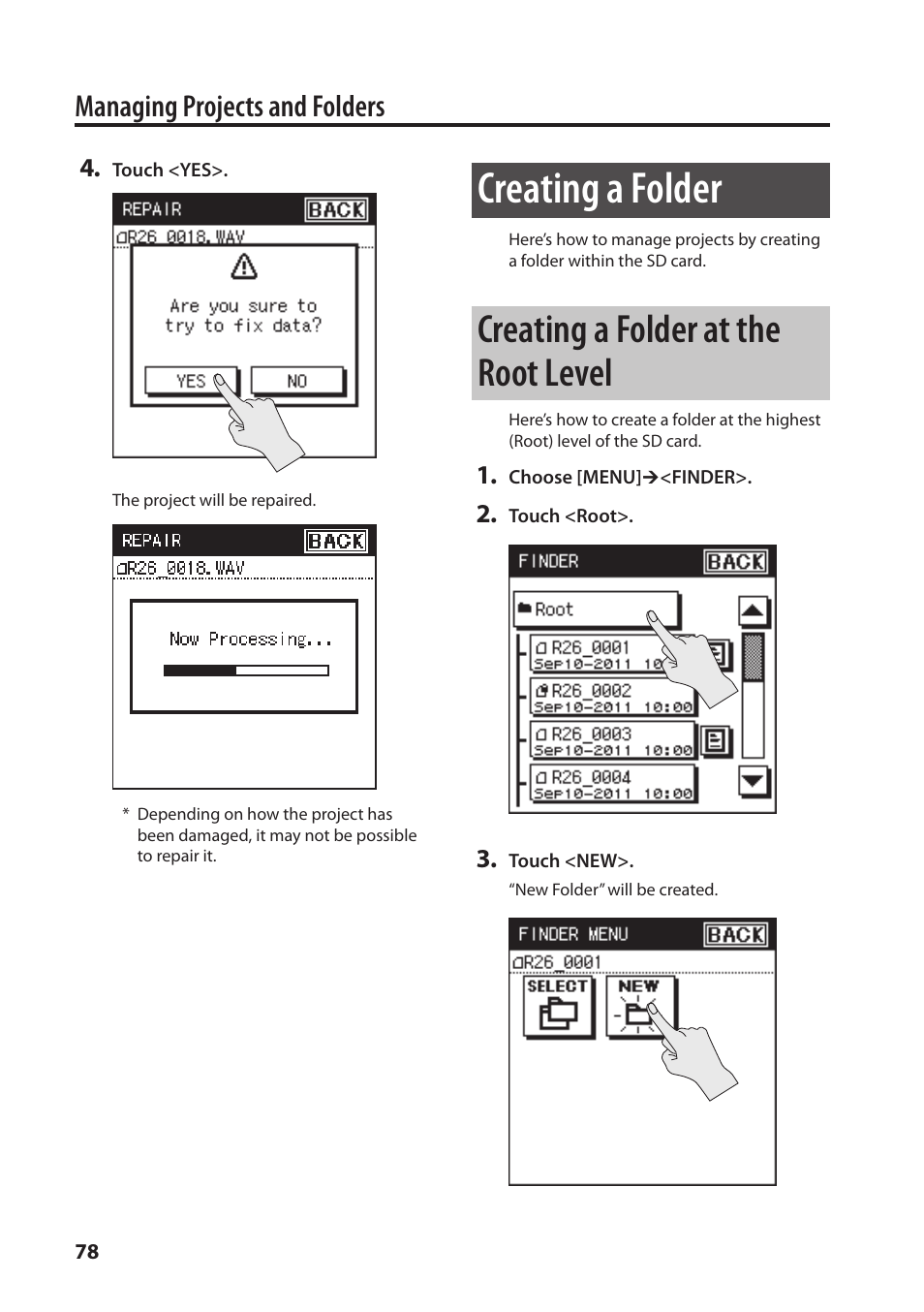 Creating a folder, Creating a folder at the root level, Managing projects and folders | Roland Portable Recorded R-26 User Manual | Page 78 / 112