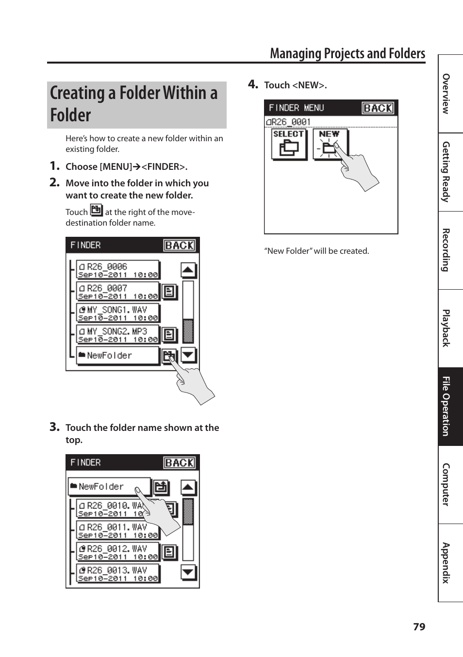 Creating a folder within a folder, Managing projects and folders | Roland Portable Recorded R-26 User Manual | Page 79 / 112