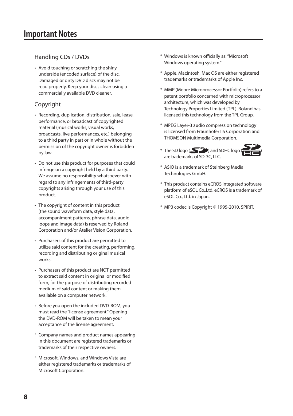Handling cds / dvds, Copyright | Roland Portable Recorded R-26 User Manual | Page 8 / 112